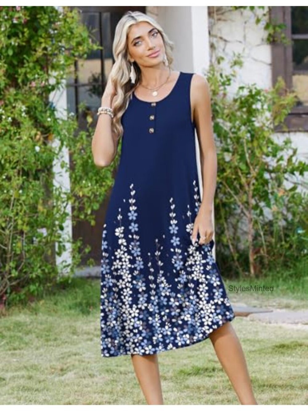Sleeveless Midi Sundress with Pockets Button Down A-Line Casual Beach Dress - Picture 4 of 6